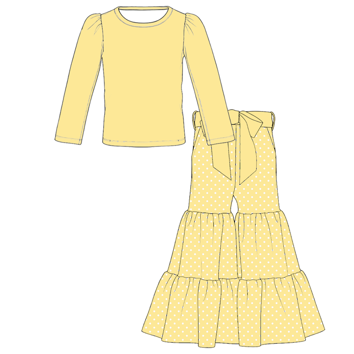 Girls Solid Top &amp; Tiered Ruffle Flare Bowknot Pants 2PCS Set