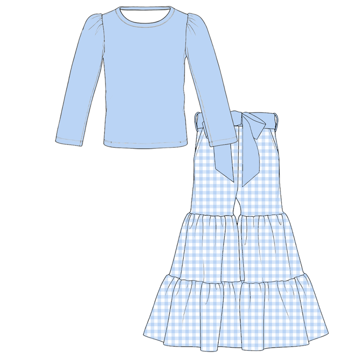 Girls Solid Top &amp; Tiered Ruffle Flare Bowknot Pants 2PCS Set