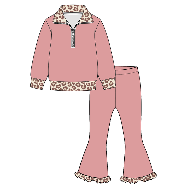 Girls Half-Zip Collar Pullover &amp; Flared Pants 2Pcs Outfit