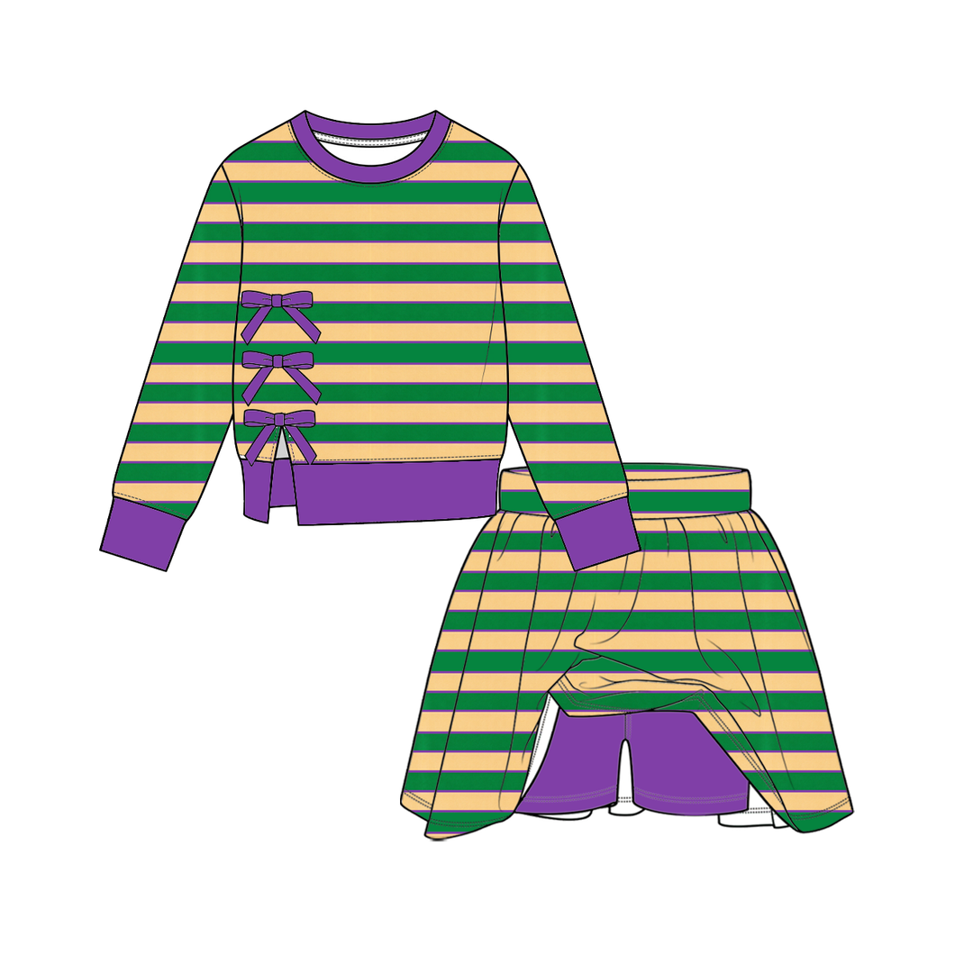 Girls Striped Side-Bow Sweatshirt & Skort 2PCS Set