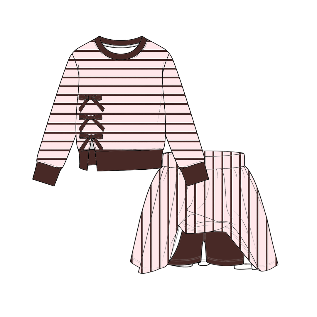 Girls Striped Side-Bow Sweatshirt & Skort 2PCS Set
