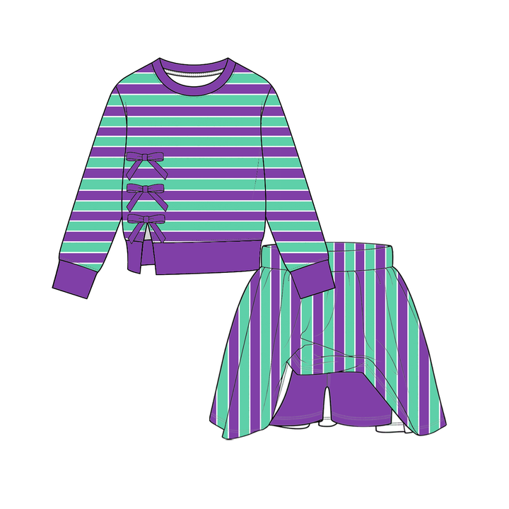 Girls Striped Side-Bow Sweatshirt & Skort 2PCS Set
