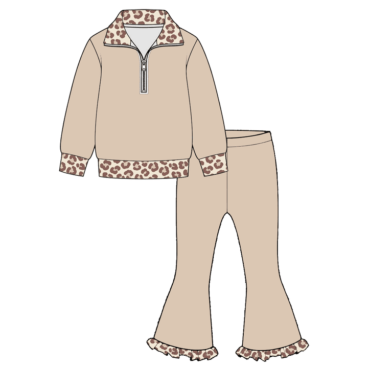Girls Half-Zip Sweatshirt & Leopard Ruffle Flare Pants Set