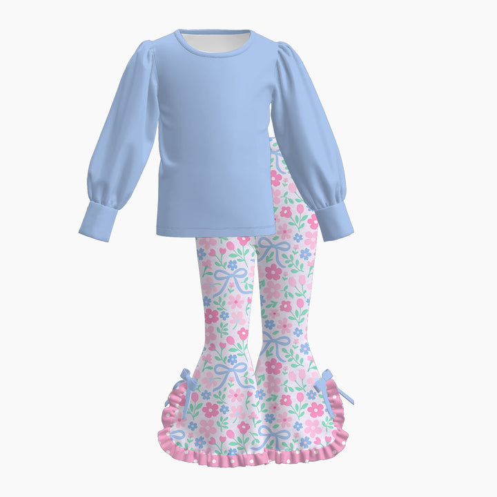 Girls Puff Sleeve Top and Floral Ruffle Bell Bottom Pants Set