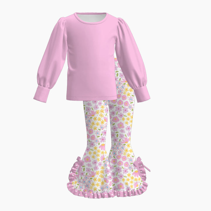 Girls Puff Sleeve Top and Floral Ruffle Bell Bottom Pants Set