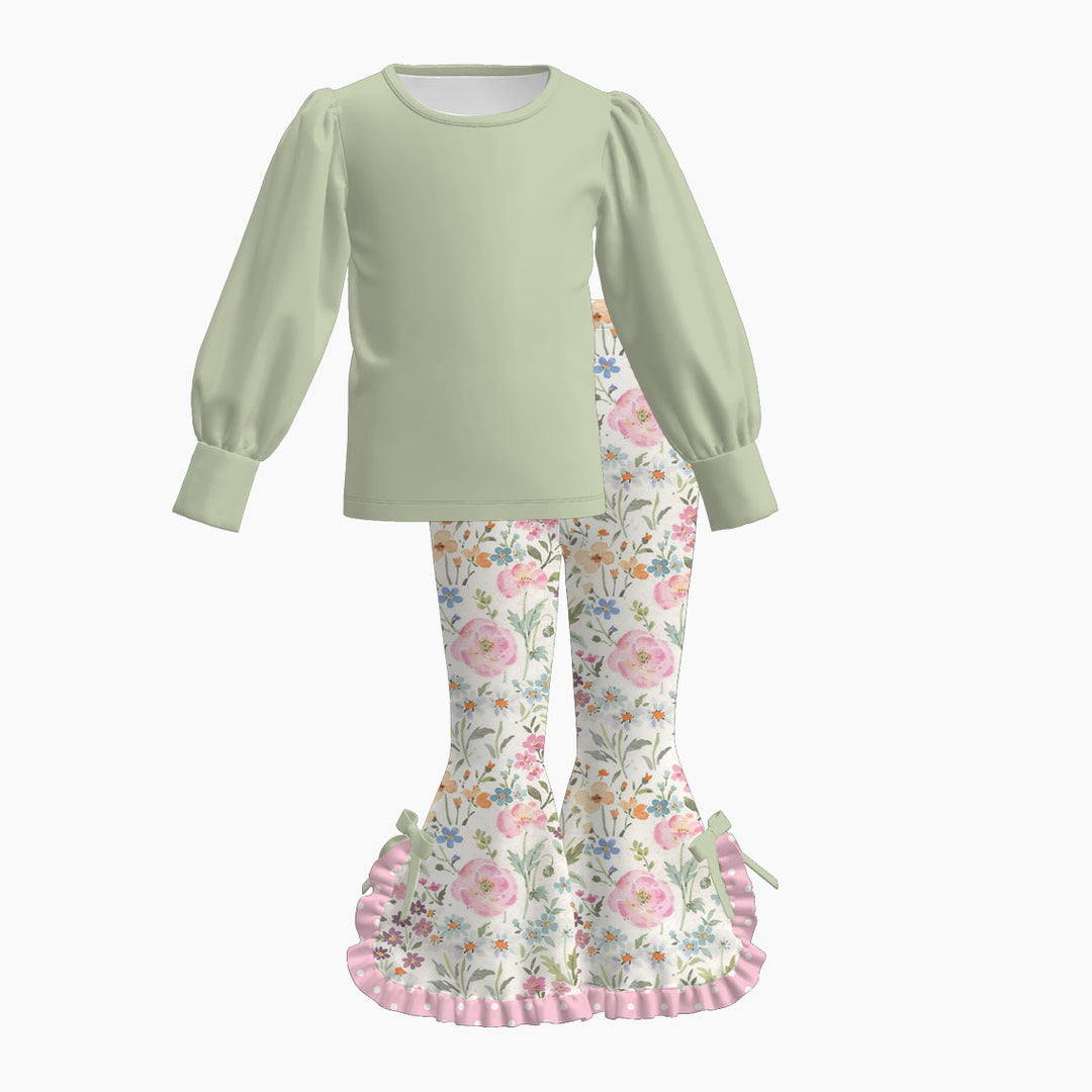 Girls Puff Sleeve Top and Floral Ruffle Bell Bottom Pants Set