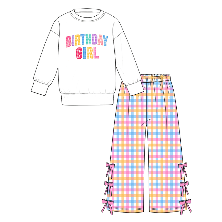 Birthday Girl Print Sweatshirt and Side Bow Wide Leg Pants Set