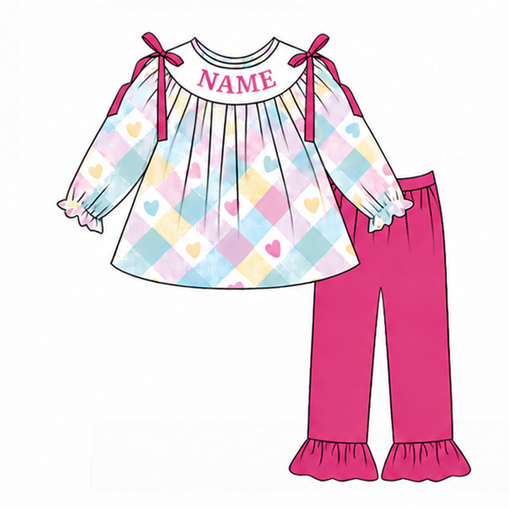Personalized Pastel Heart Plaid Sibling Outfits Custom Name Valentine&