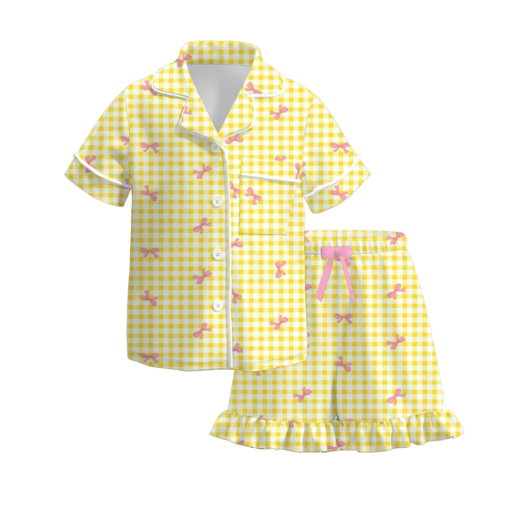 Girls sweet bow plaid cotton pajamas set