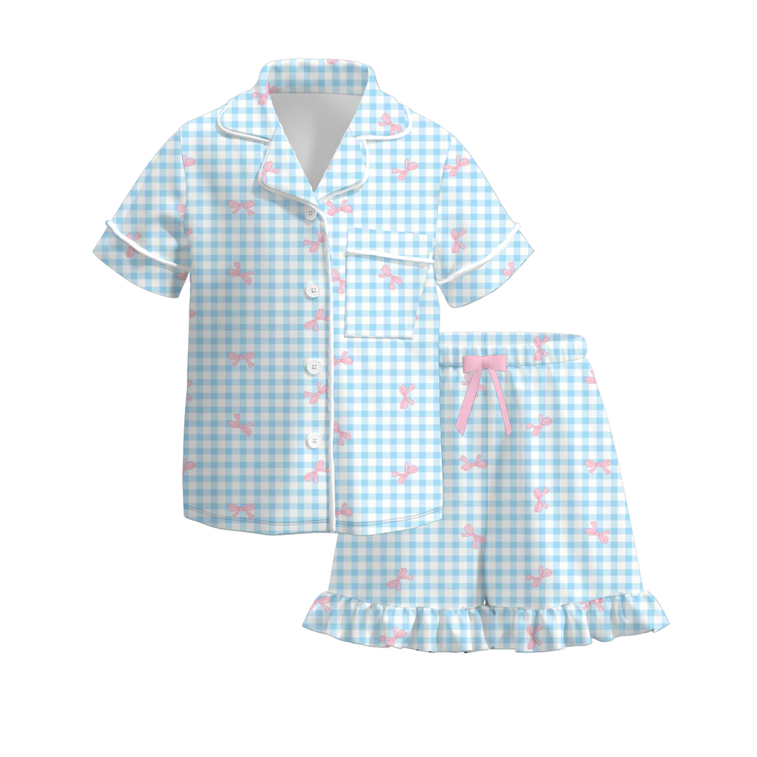 Girls sweet bow plaid cotton pajamas set
