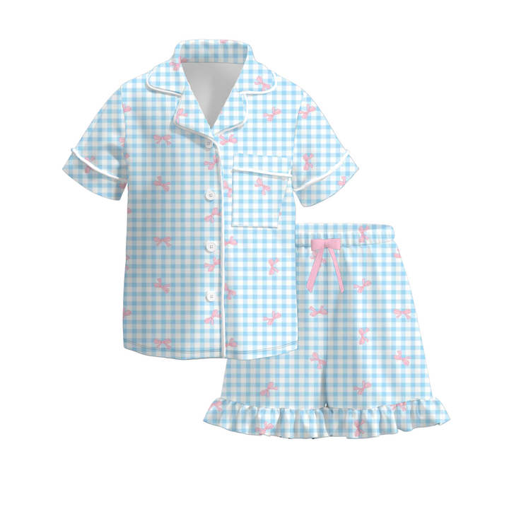 Girls sweet bow plaid cotton pajamas set