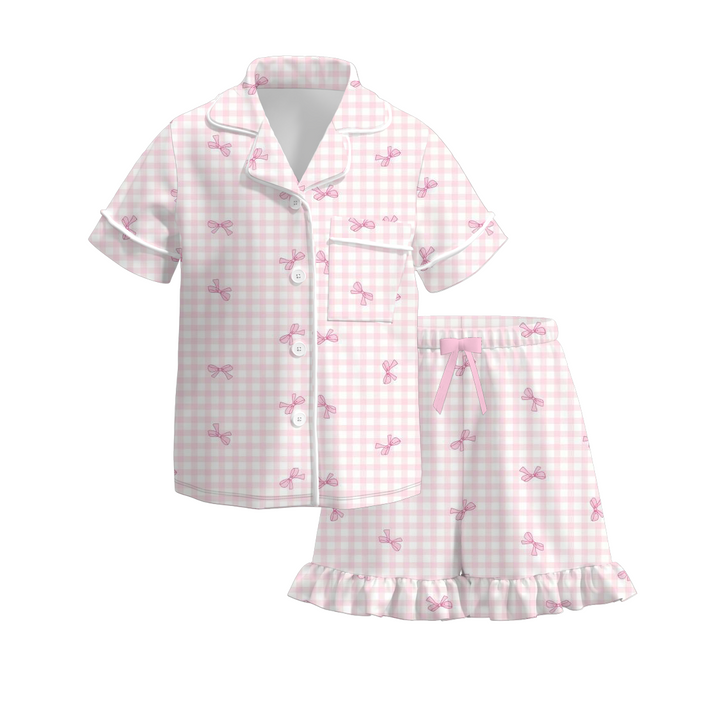 Girls sweet bow plaid cotton pajamas set