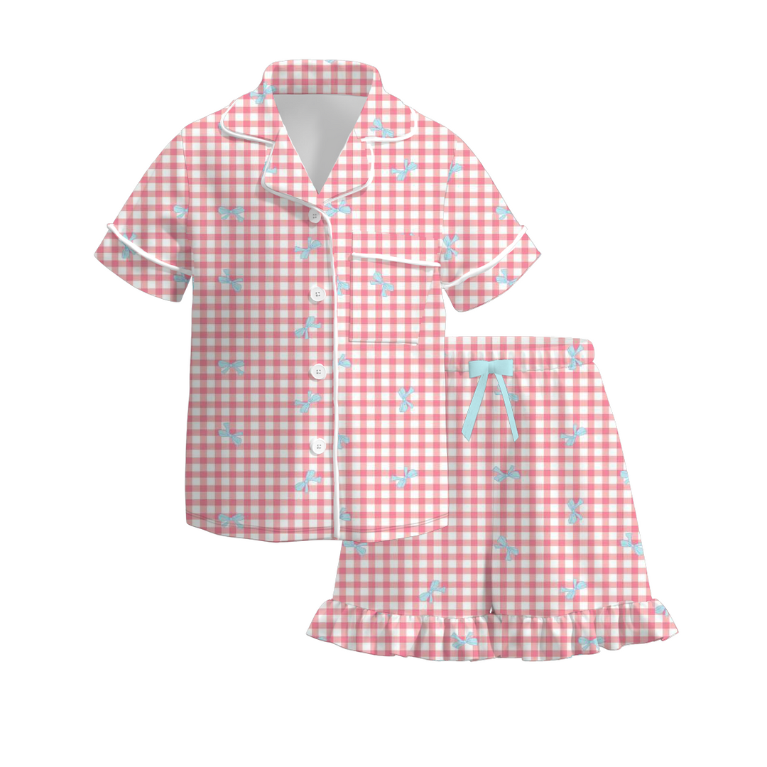 Girls sweet bow plaid cotton pajamas set
