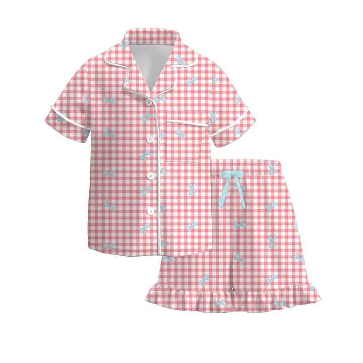Girls sweet bow plaid cotton pajamas set