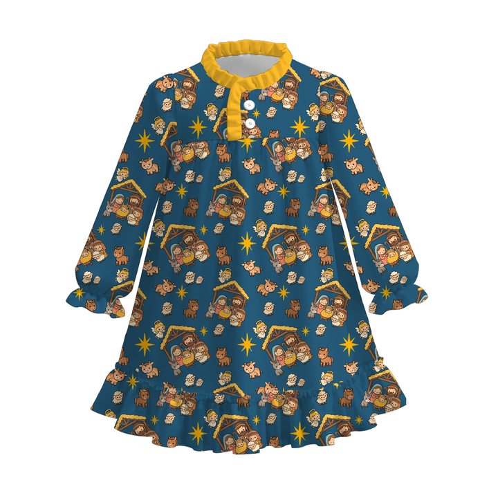 Christmas themed all-over print ruffle nightgown for girls