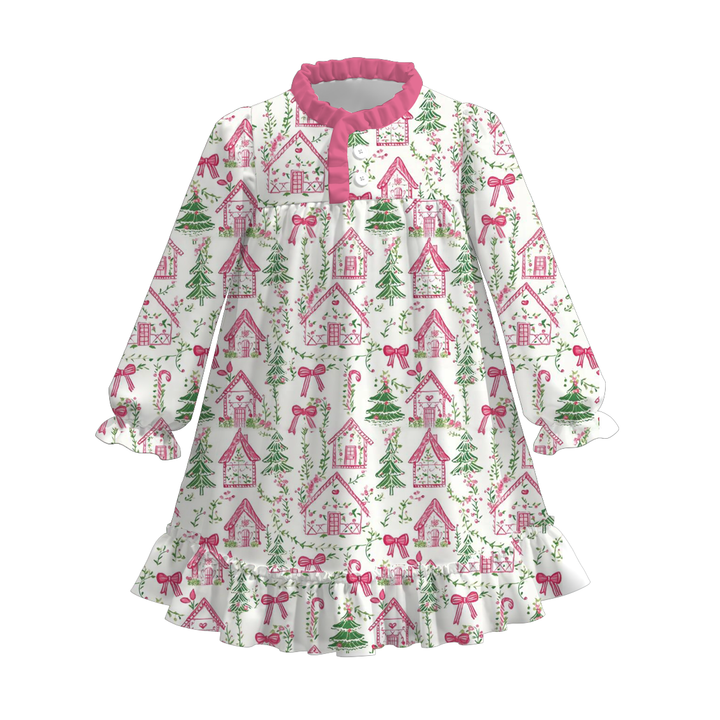 Christmas themed all-over print ruffle nightgown for girls