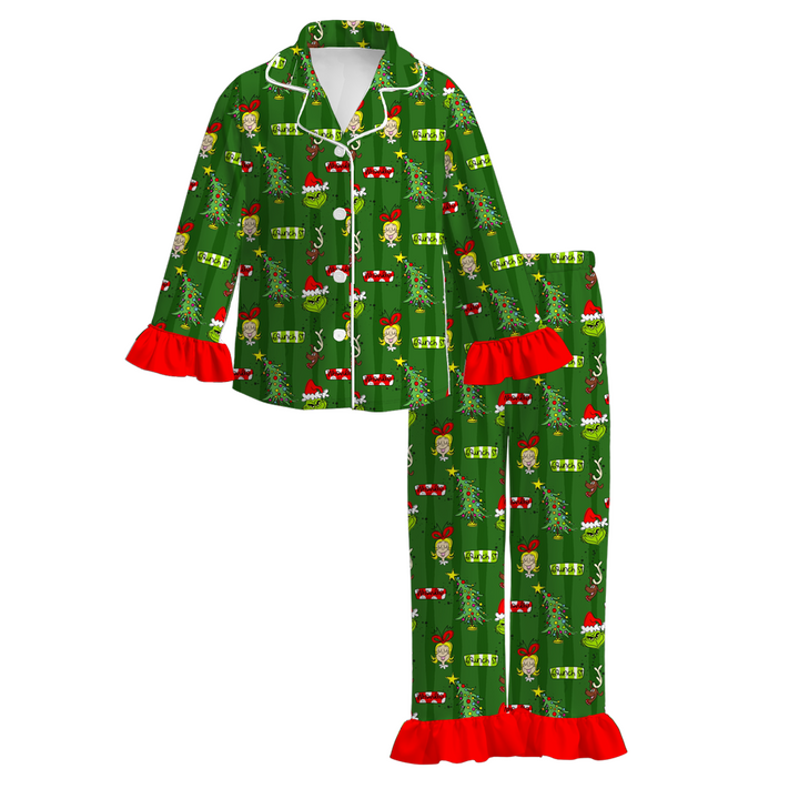 Christmas milk silk grinich ruffle pajamas for girls women