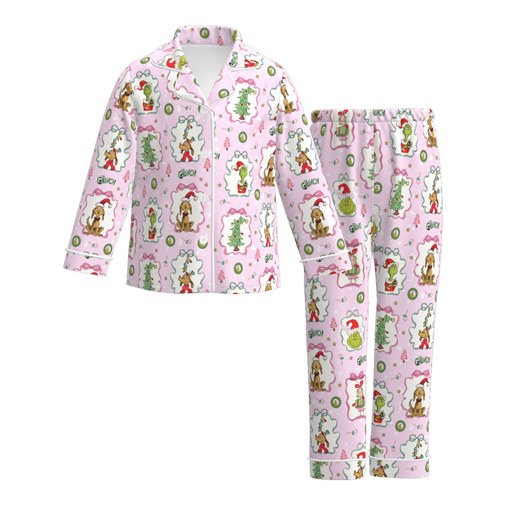 Christmas cartoon grinch printed pajamas set for girls