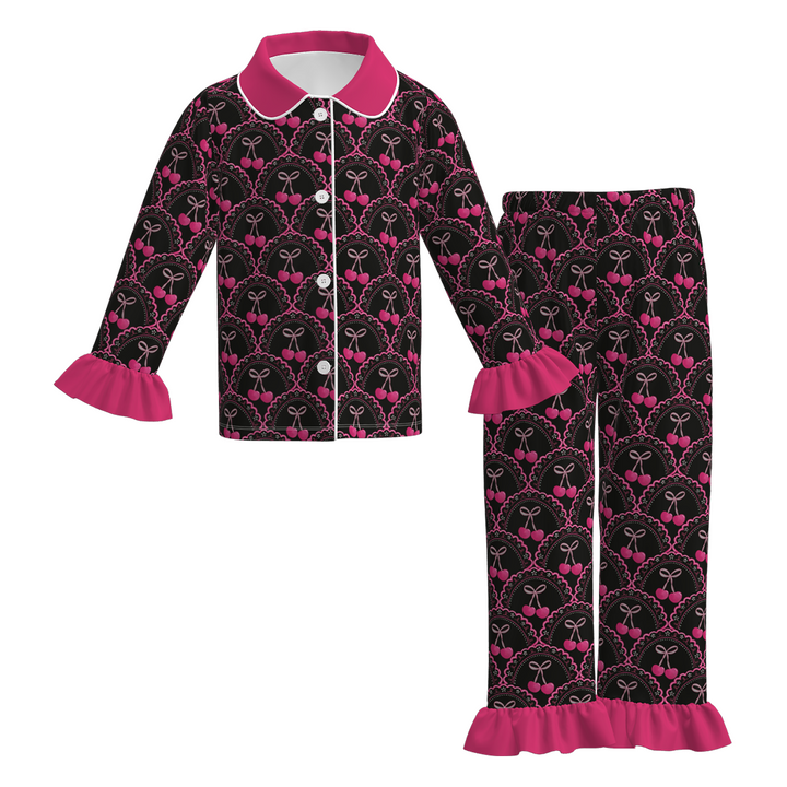 Valentine’s pink Heart printed ruffle hem Pajamas set