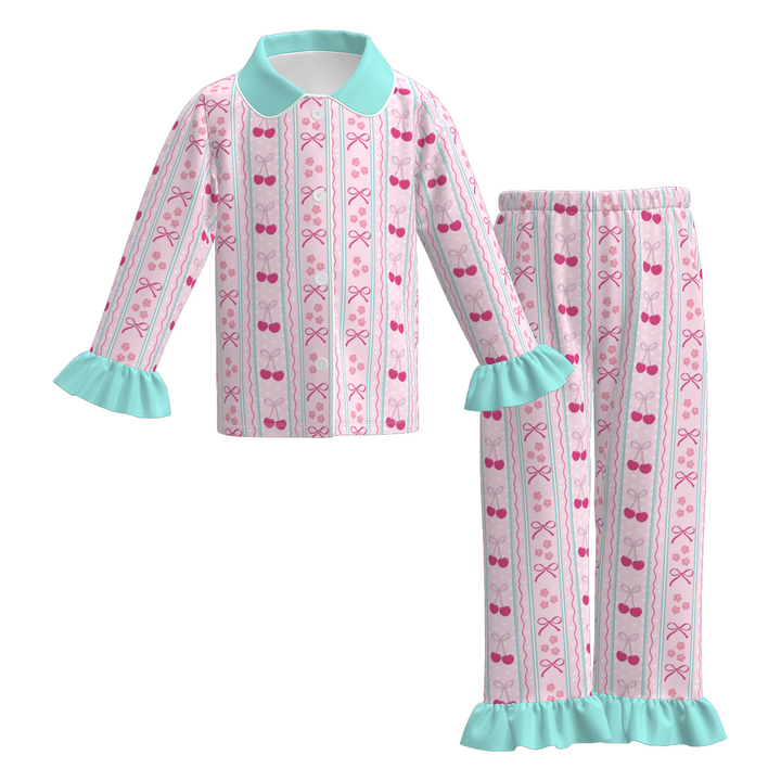 Valentine’s pink Heart printed ruffle hem Pajamas set