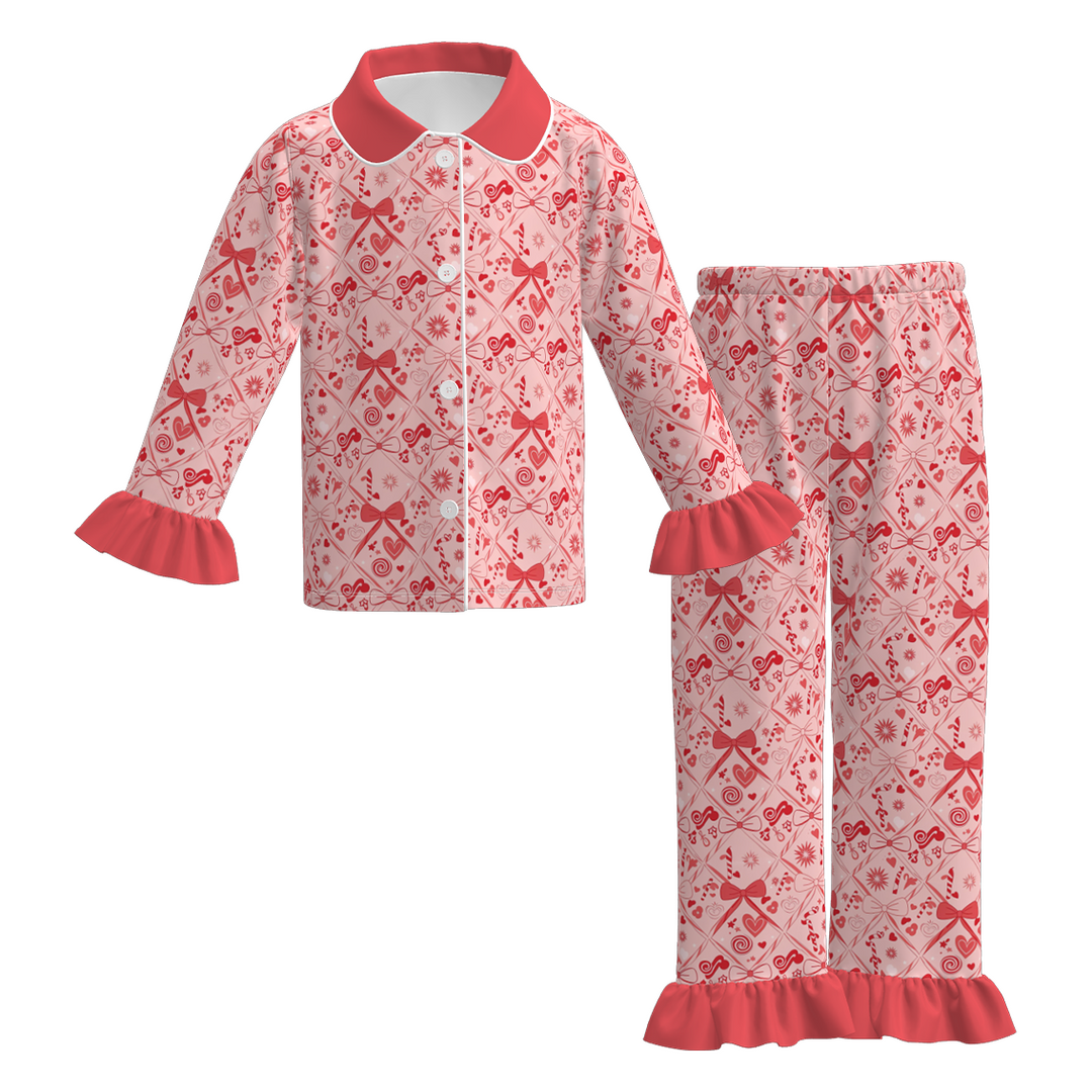 Valentine’s pink Heart printed ruffle hem Pajamas set