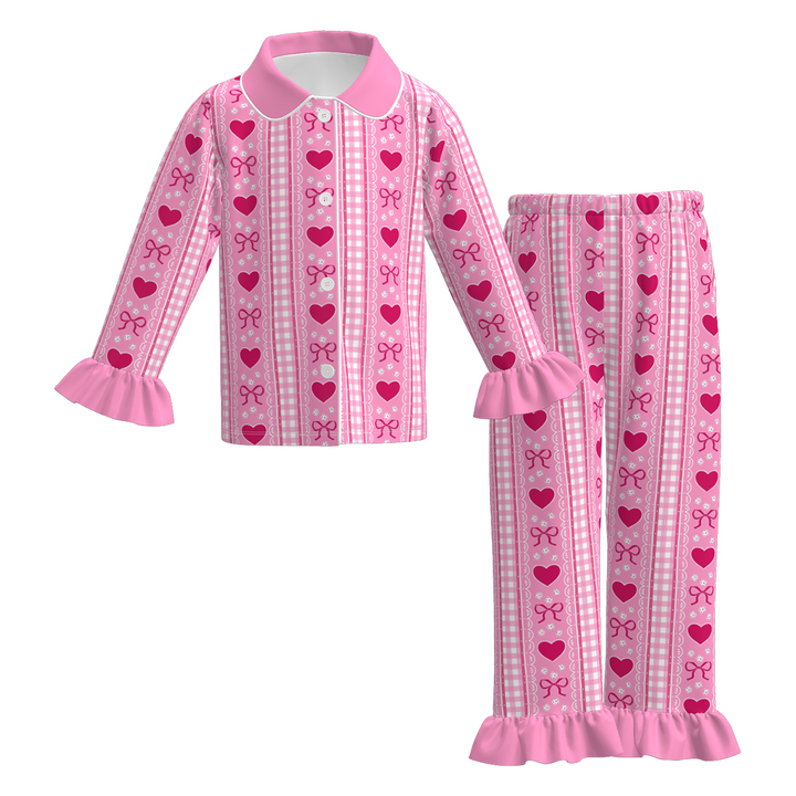Valentine’s pink Heart printed ruffle hem Pajamas set