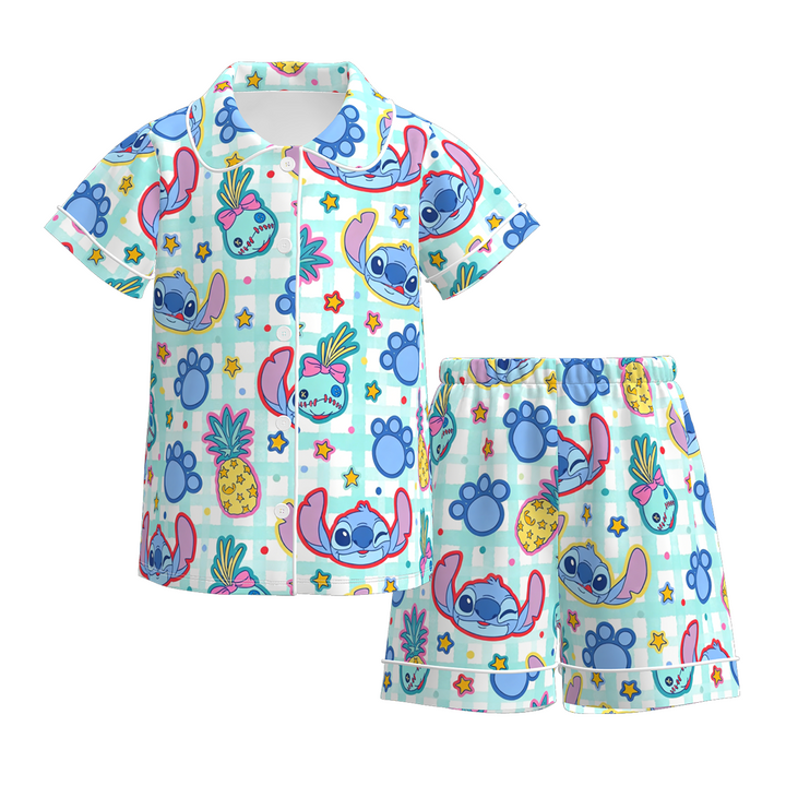 Girls' cute monster printed short sleeve pajamas set