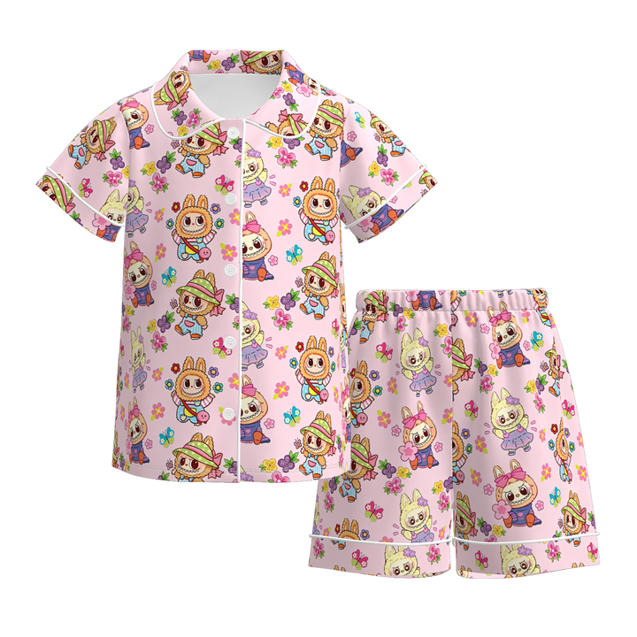 Girls' cute monster printed short sleeve pajamas set