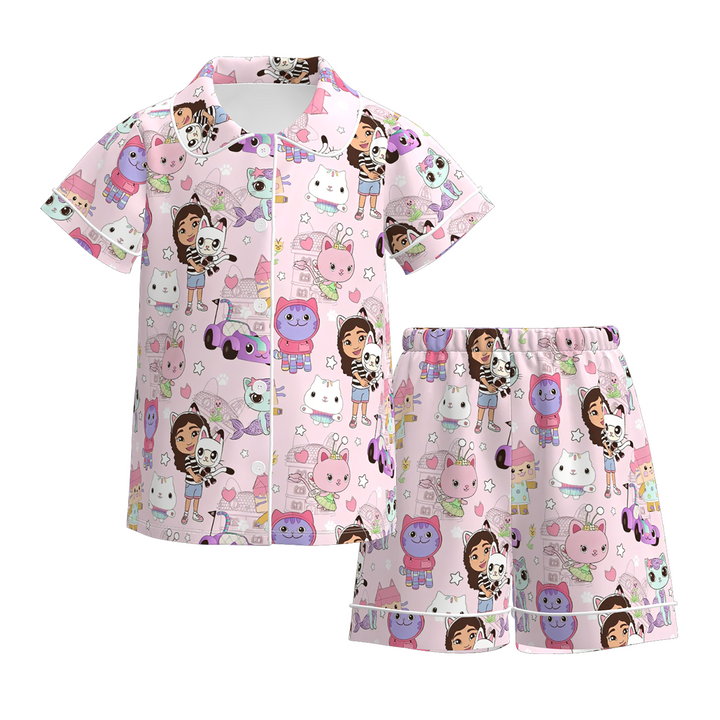Girls cute cartoon character printed short sleeve pajamas set