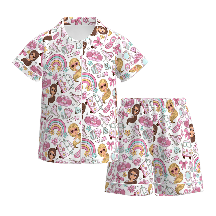 Girls cute cartoon character printed short sleeve pajamas set