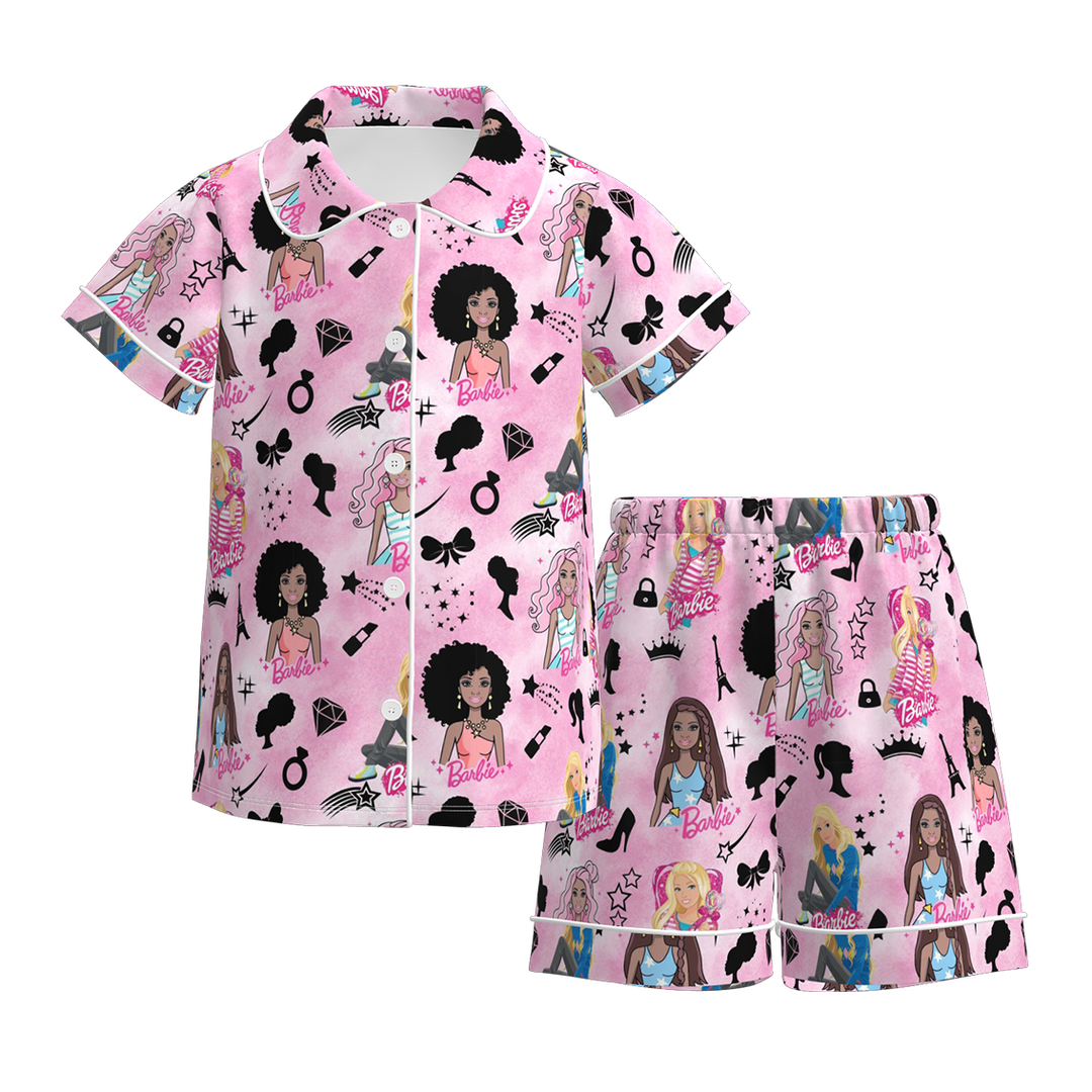 Girls cute cartoon character printed short sleeve pajamas set