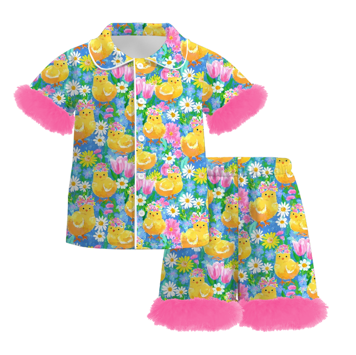 Easter bunny printed furry hem short sleeve pajamas set