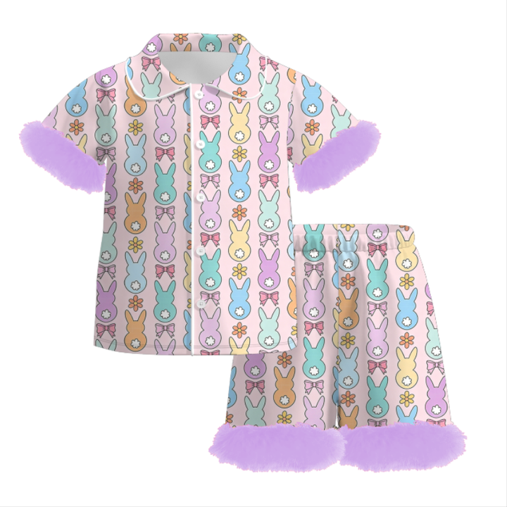 Easter bunny printed furry hem short sleeve pajamas set
