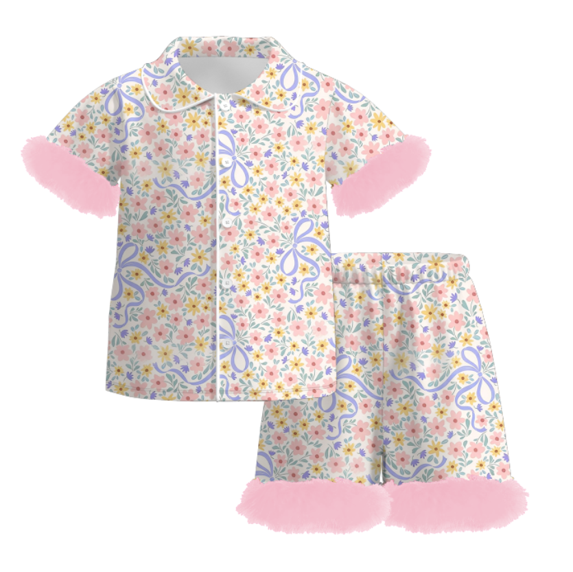 Easter bunny printed furry hem short sleeve pajamas set