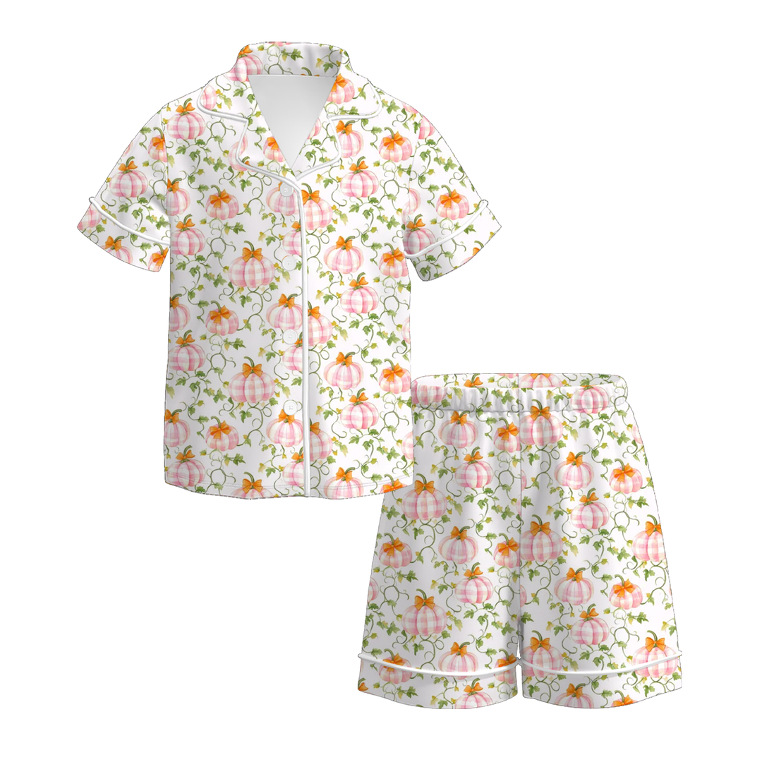 Girls Halloween cute pumpkin printed short sleeve pajamas set
