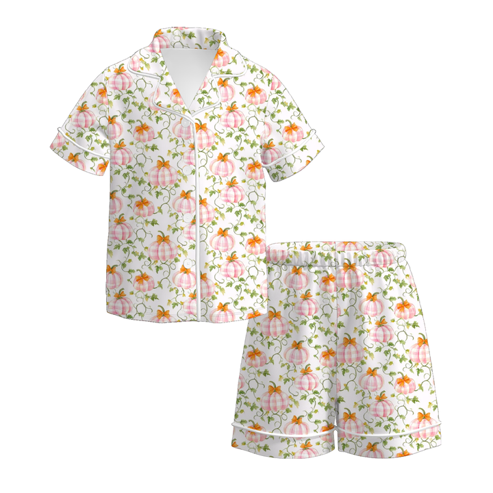 Girls Halloween cute pumpkin printed short sleeve pajamas set