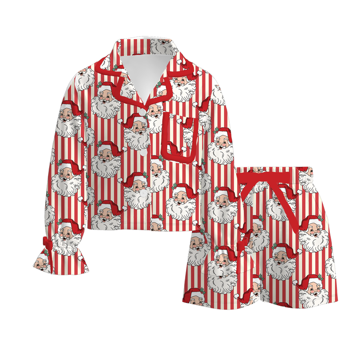 Girls Christmas Candy Cane Print Bow Tie Pajamas Set