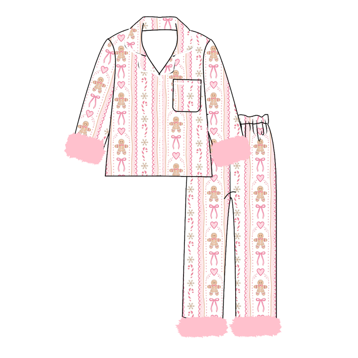 Girls Christmas Santa Print Fluffy Cuffs Lounge Pajamas Set