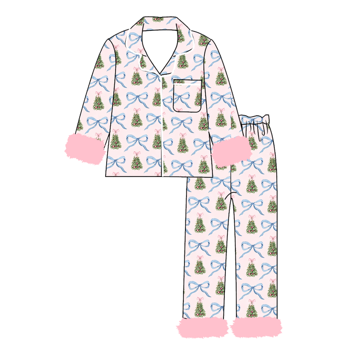Girls Christmas Santa Print Fluffy Cuffs Lounge Pajamas Set