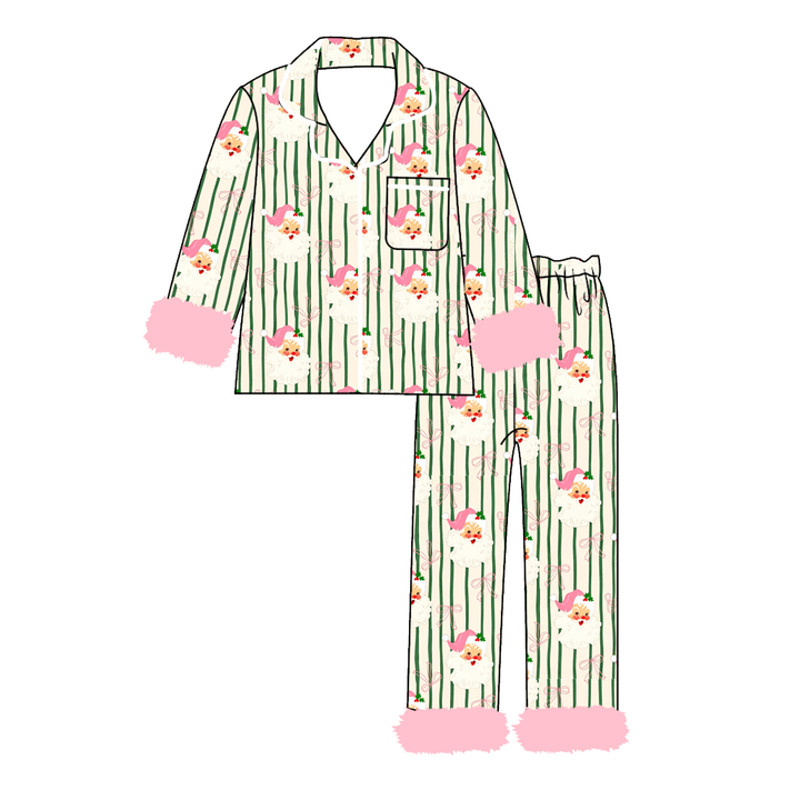 Girls Christmas Santa Print Fluffy Cuffs Lounge Pajamas Set