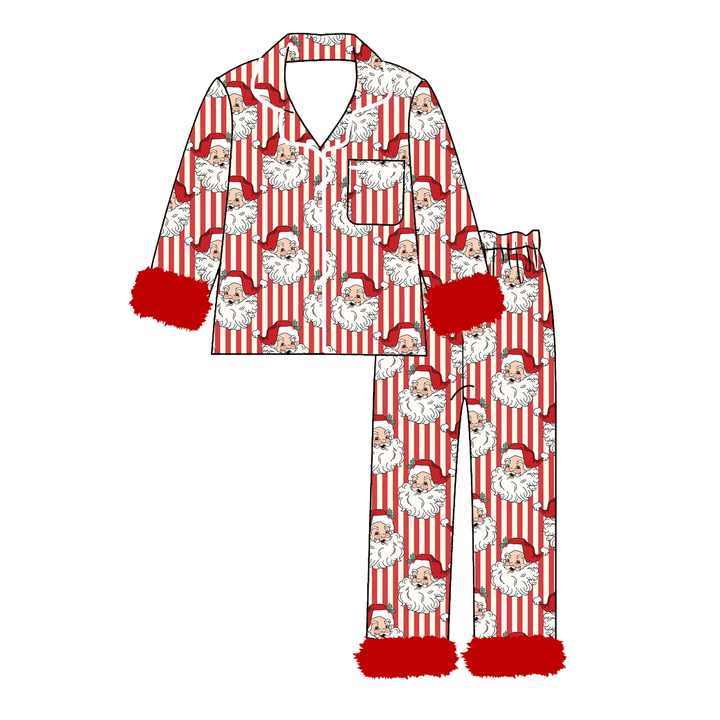 Girls Christmas Santa Print Fluffy Cuffs Lounge Pajamas Set