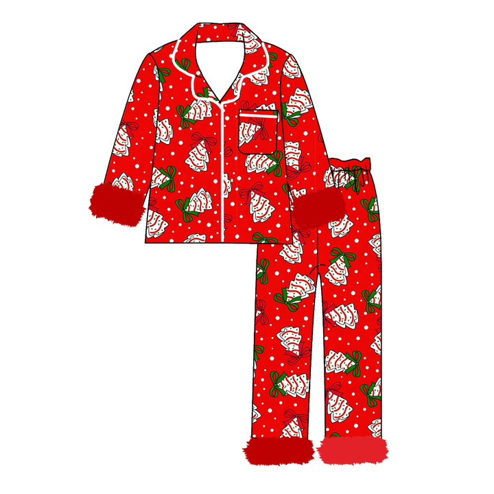 Girls Christmas Santa Print Fluffy Cuffs Lounge Pajamas Set