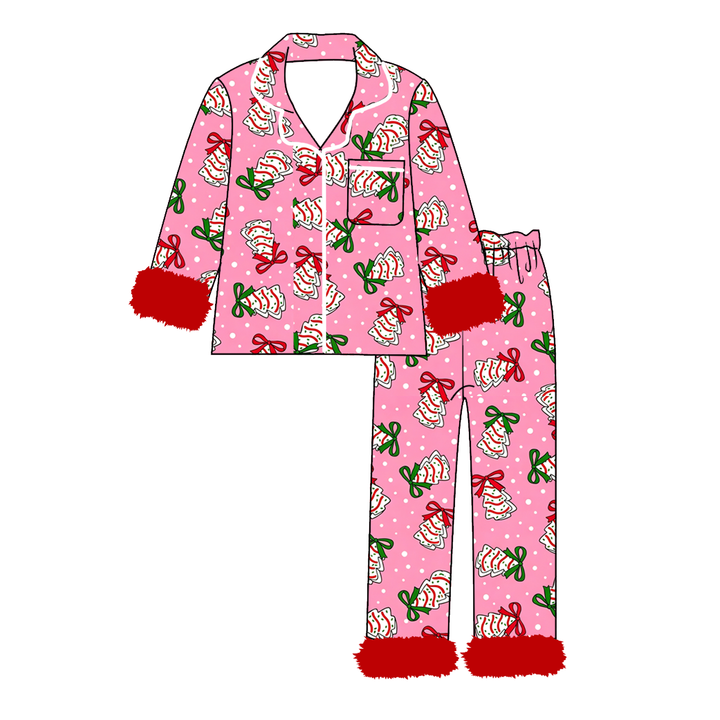 Girls Christmas Santa Print Fluffy Cuffs Lounge Pajamas Set
