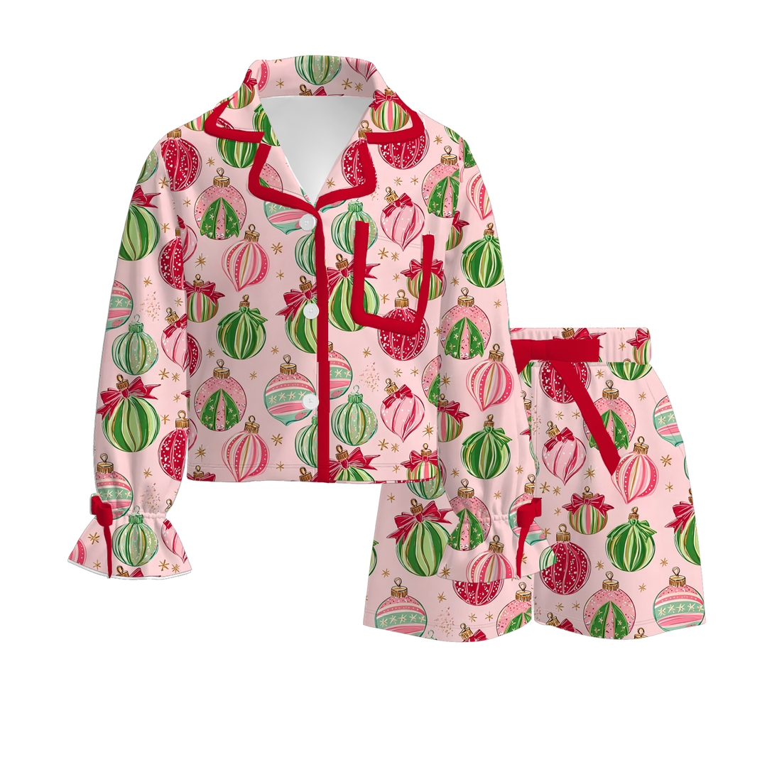 Girls Christmas Candy Cane Print Bow Tie Pajamas Set
