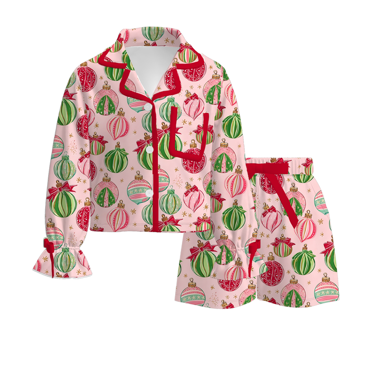 Girls Christmas Candy Cane Print Bow Tie Pajamas Set