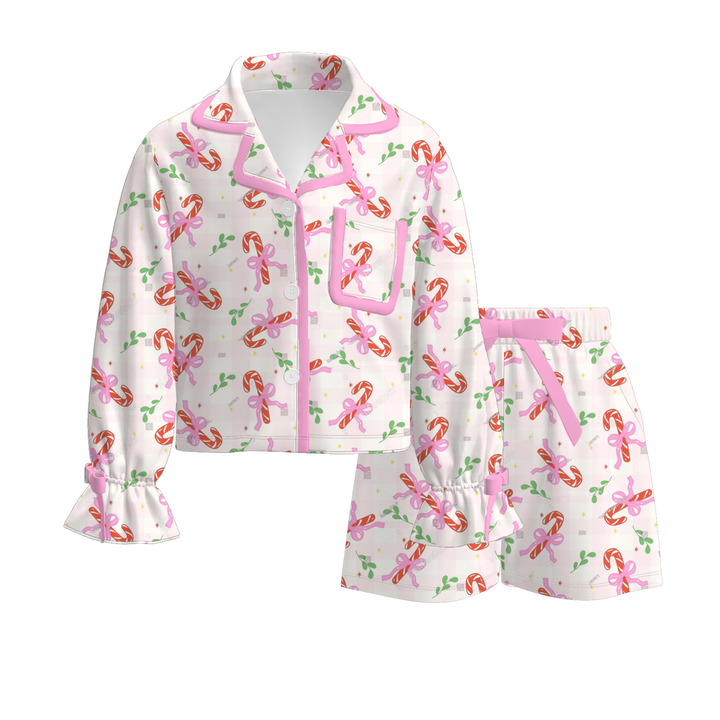 Girls Christmas Candy Cane Print Bow Tie Pajamas Set