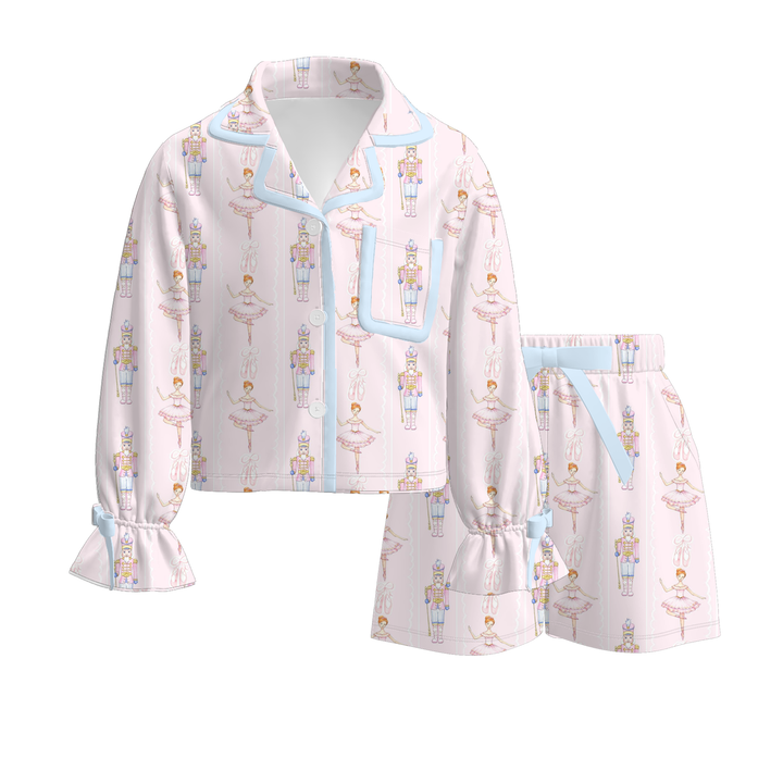 Girls Christmas Candy Cane Print Bow Tie Pajamas Set