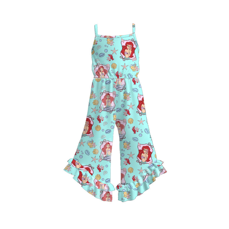 Girls cute cartoon print wide leg ruffle jumpsuit