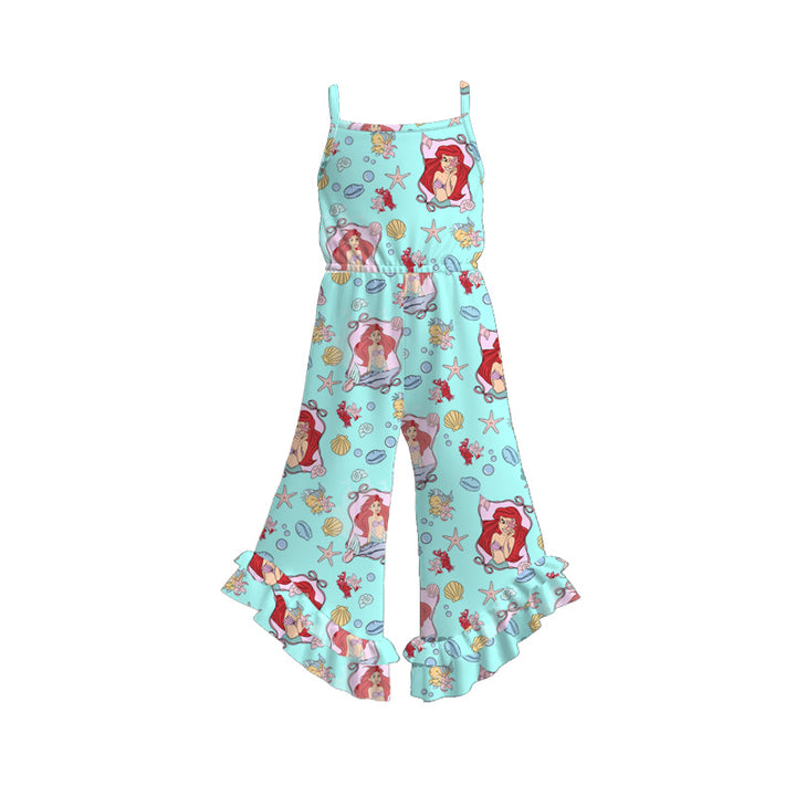 Girls cute cartoon print wide leg ruffle jumpsuit