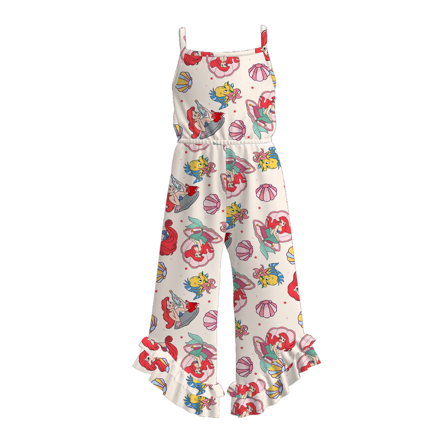 Girls cute cartoon print wide leg ruffle jumpsuit